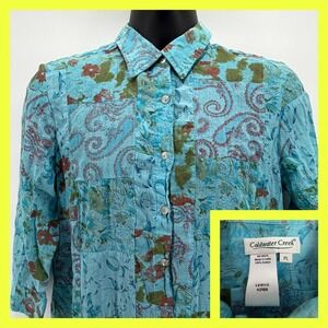 Coldwater Creek Women's Petite Large Blue Paisley Patchwork Button-Down Shirt